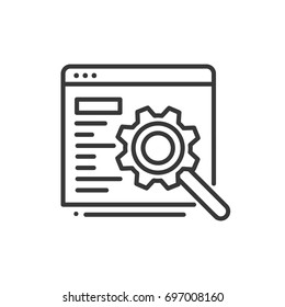 SEO - modern vector single line design icon. A black and white image depicting a window document with text, script with a mangifying glass, gear. Present search engine optimization.