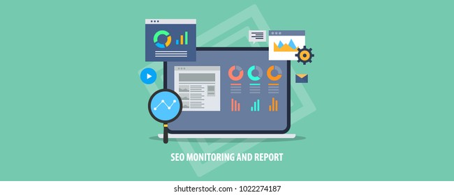 Seo monitoring, audit report, marketing data analysis concept. Website performance information showing on a laptop screen. Flat design conceptual illustration.