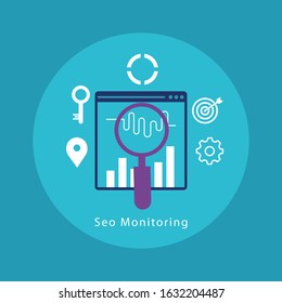 Seo monitoring glyph icon vector on blue background