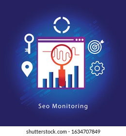 Seo monitoring glyph icon vector on blue background