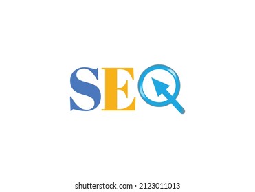 logotipo de varios colores SEO con flecha de cristal de aumento e icono vectorial