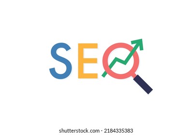 SEO multi color logo with magnifying glass and arrow. SEO Concept. Search Engine Concept