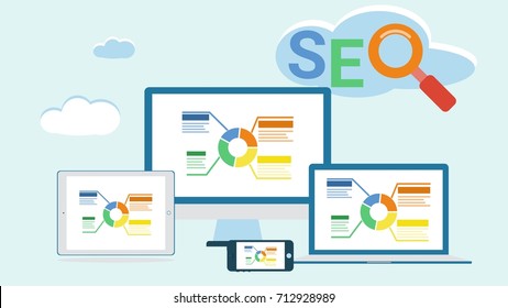 SEO multi color with magnifying glass, Cloud, data analysis