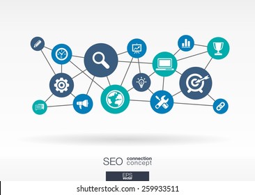 SEO network. Growth abstract background with lines, circles, integrate flat icons. Connected symbols for digital, connect, analytics, social media and market concepts. Vector interactive illustration.