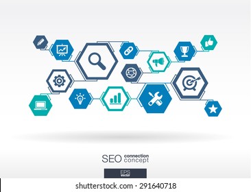SEO network. Hexagon abstract background with lines, polygons, integrate flat icons. Connected symbols for digital, network, connect, analytics, social media, market concepts. Vector illustration.