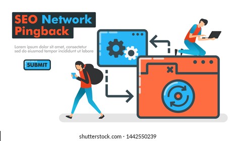 SEO network pingback line vector illustration. People try pinging on website network to try SEO optimization and performance on site and mobile apps. Ping back mechanism. For Landing pages Website Ads