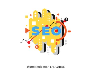 SEO on geometric abstract background. Search engine optimization concept. Dynamic shapes composition. Flat and clean style. Applicable for any graphic works.