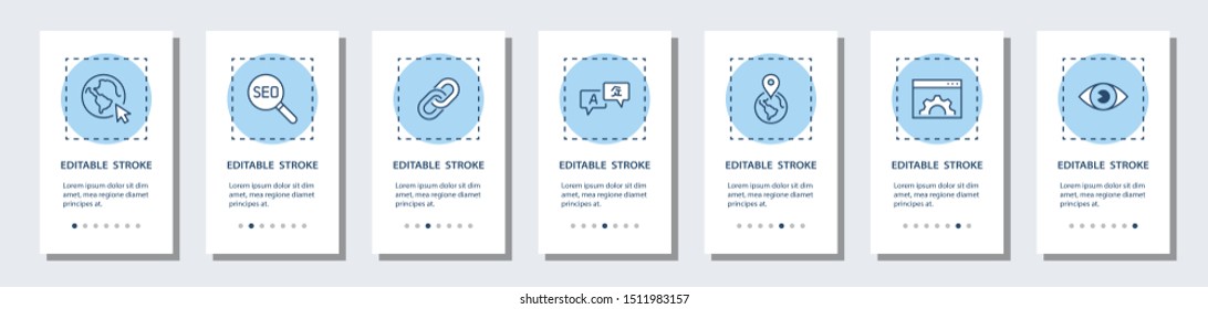 SEO Onboarding Mobile App Page Screen With Linear Concepts. Eye, Localization, Link, Translate, Performance Tracking And More. Steps Graphic Instructions. UX UI, GUI Vector Template With Illustrations