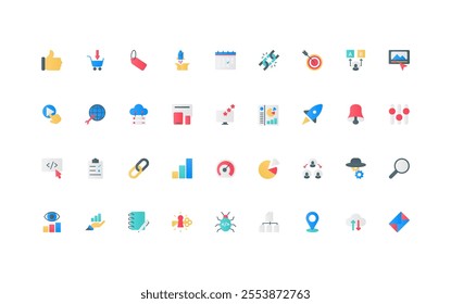 SEO, online analytics, marketing optimization system for business development color icon set. Keywords and ads, target and search results, link building, management flat elements vector illustration