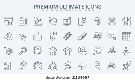 SEO, online business technology thin line icons set vector illustration. Outline social media campaign for audience and support, creative idea content and communication, digital marketing process