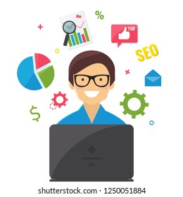 SEO, online marketing concept. Seo specialist with laptop at work. Vector illustration