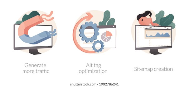 SEO online service abstract concept vector illustration set. Generate more traffic, alt tag optimization, sitemap creation, page navigation, search engine, marketing research abstract metaphor.