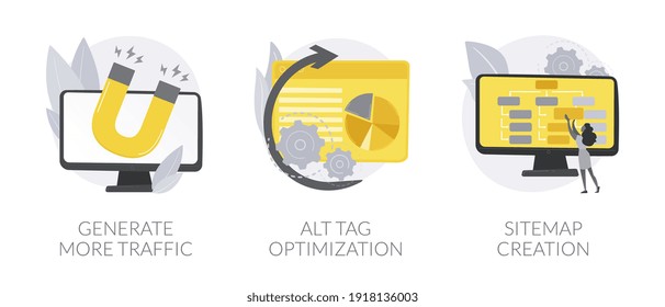 SEO online service abstract concept vector illustration set. Generate more traffic, alt tag optimization, sitemap creation, page navigation, search engine, marketing research abstract metaphor.