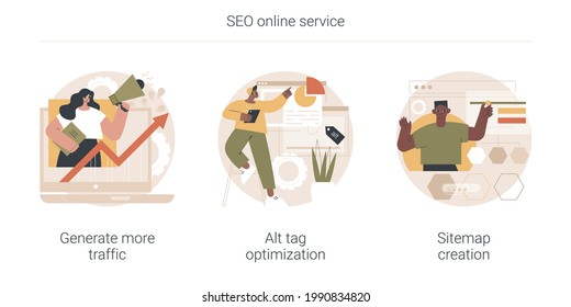 SEO online service abstract concept vector illustration set. Generate more traffic, alt tag optimization, sitemap creation, page navigation, search engine, marketing research abstract metaphor.