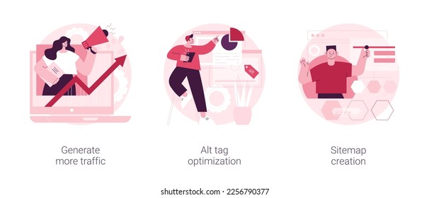 SEO online service abstract concept vector illustration set. Generate more traffic, alt tag optimization, sitemap creation, page navigation, search engine, marketing research abstract metaphor.