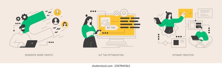 SEO online service abstract concept vector illustration set. Generate more traffic, alt tag optimization, sitemap creation, page navigation, search engine, marketing research abstract metaphor.