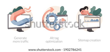 SEO online service abstract concept vector illustration set. Generate more traffic, alt tag optimization, sitemap creation, page navigation, search engine, marketing research abstract metaphor.