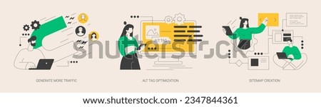 SEO online service abstract concept vector illustration set. Generate more traffic, alt tag optimization, sitemap creation, page navigation, search engine, marketing research abstract metaphor.