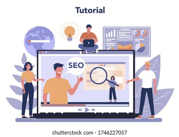 SEO online service or platform. Idea of search engine optimization for website as marketing strategy. Web page promotion in the internet. Online tutorial. Vector illustration