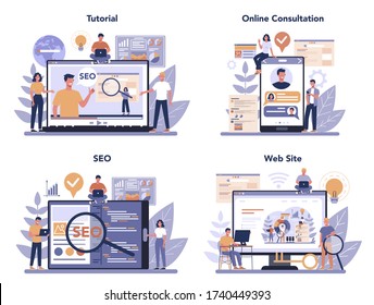SEO online service or platform set. Idea of search engine optimization for website as marketing strategy. Web page promotion in the internet. Online tutorial and consultation. Vector illustration