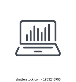 Seo and Online statistics graph line icon. Laptop with analytics chart vector outline sign.