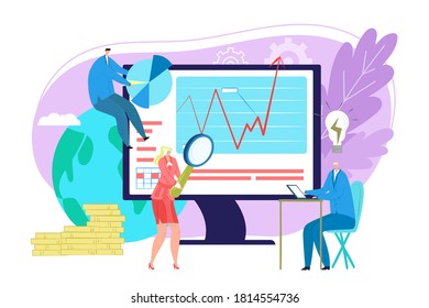 Seo optimisation concept, vector illustration. Search Engine Optimisation, web content marketing to get more visitors. Team analysis strategy, search, promotion, keywords optimization.