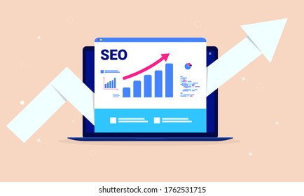 SEO optimisation - Laptop computer with search engine performance tools, rising graph and big arrow pointing upwards. Performance marketing, analytics and search engine ranking concept. Vector.