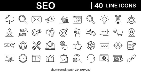 SEO Optimisation set of web icons in line style. Search Engine Optimization. Business, traffic, optimization, target. Search Engine and Marketing icons for web and mobile app. Vector illustration