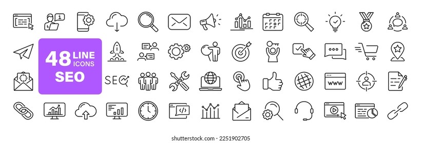 SEO Optimisation set of web icons in line style. Search Engine Optimization. Business, traffic, optimization, target. Search Engine and Marketing icons for web and mobile app. Vector illustration