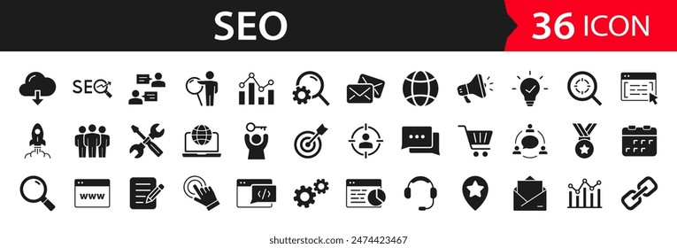 SEO Optimisation set of web icons. Search Engine Optimization. Business, traffic, optimization, target. Search Engine and Marketing icons for web and mobile app. Solid vector icons collection