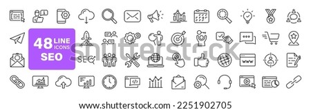 SEO Optimisation set of web icons in line style. Search Engine Optimization. Business, traffic, optimization, target. Search Engine and Marketing icons for web and mobile app. Vector illustration