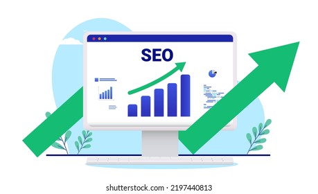 SEO optimisation - Vector illustration of computer with search engine optimisation graph showing better results and growth. Flat design vector illustration with white background