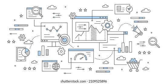 SEO optimization abstract business background with doodle icons. Diagram, magnifier, document, cogwheel and target with arrow, loudspeaker, gears, pc desktop and charts, line art vector concept