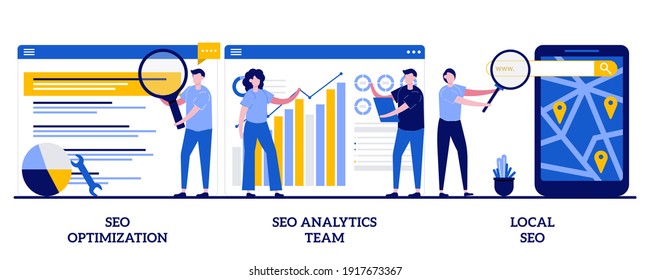 SEO optimization, SEO analytics team, local SEO concept with tiny people. Search engines page rank abstract vector illustration set. Keyword and link building, internet promotion, visibility metaphor.