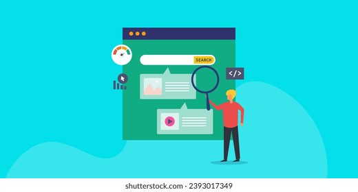 SEO optimization, SEO analytics, Website ranking, Search engine result page, User intent search - vector illustration with icons and characters.