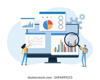 Seo Optimization analyzing data for investment business. vector seo analytics concept illustration