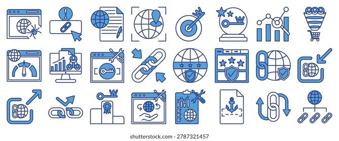 SEO optimization and backlink. Line filled icon including seo, website, analytics, backlink, link building, web security, website optimization, website performance, content marketing, business analytics
