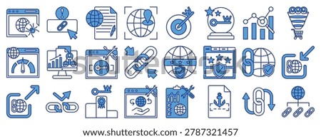 SEO optimization and backlink. Line filled icon including seo, website, analytics, backlink, link building, web security, website optimization, website performance, content marketing, business analytics