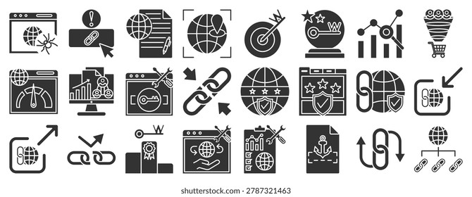 SEO optimization and backlink. Solid icon including seo, website, analytics, backlink, link building, web security, website optimization, website performance, content marketing, business analytics