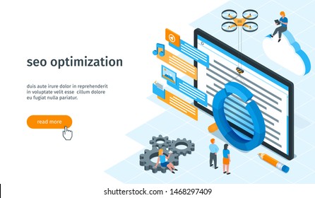 Seo optimization banner. Images of children and miniature people. Magnifying glass, computer monitor and drone. Isometric vector illustration