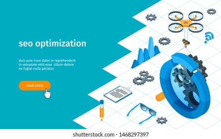 Seo optimization banner. Magnifying glass, gears, pencil, computer monitor and drone. Isometric vector illustration