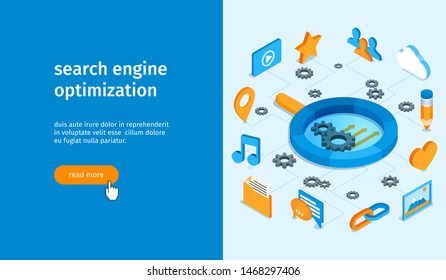 Seo optimization banner. Magnifying glass, gears, pencil, cloud, computer monitor and drone. Isometric vector illustration