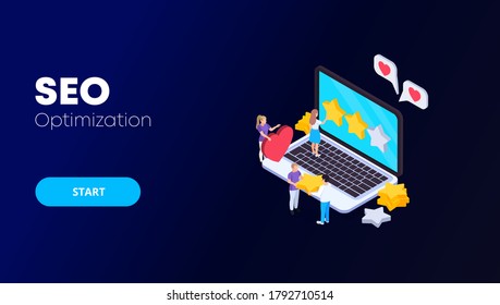 Seo optimization banner, marketing business technology & website research monitor with data analysis platform on screen. 3d isometric Vector illustration.