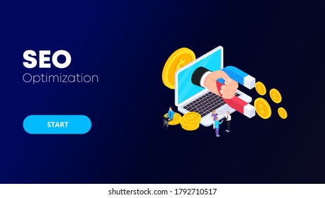 Seo optimization banner, marketing business technology & website research monitor with data analysis platform on screen. 3d isometric Vector illustration.