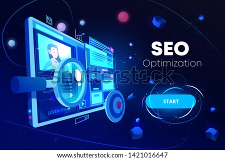 Seo optimization banner, marketing business technology, monitor with data analysis platform on screen, website research, neon glowing futuristic background. Cartoon vector illustration, landing page
