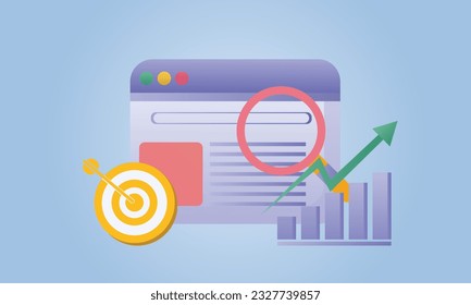 SEO optimization browser icon for marketing social media concept. Interface for analytics strategy and social media research planing.on blue background.Vector Design Illustration.