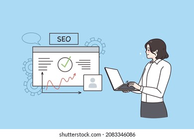 Seo optimization and business development concept. Smiling worker manager woman standing with laptop and making presentation about SEO processes in business vector illustration 