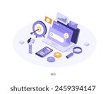 Seo optimization. Characters analyzing search engine data and planning marketing strategy. Technology concept. Isometric vector illustration 
