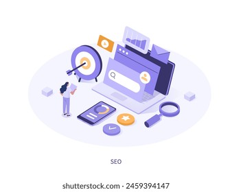 SEO-Optimierung. Charaktere analysieren Suchmaschinen-Daten und planen Marketingstrategie. Technologie. isometrische Vektorillustration 