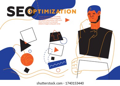 SEO optimization - colorful flat design style web banner with line elements and copy space for text. An unusual illustration with a character, male manager thinking over a strategy of promotion